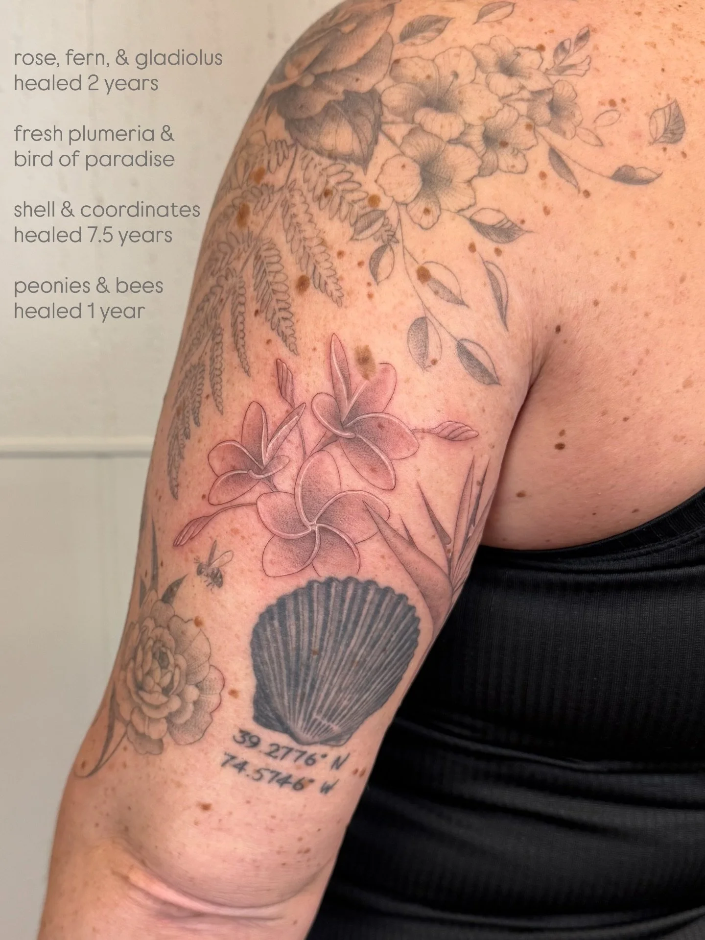 Thank you so much, Dominique! 

shell &amp; coordinates healed 7.5 years

script 6.5 healed years

fern, rose, gladiolus, &amp; daisy healed 2 years 

peonies &amp; bee healed 1 year 

fresh swallowtail, bird of paradise, &amp; plumeria

#nofilter #f