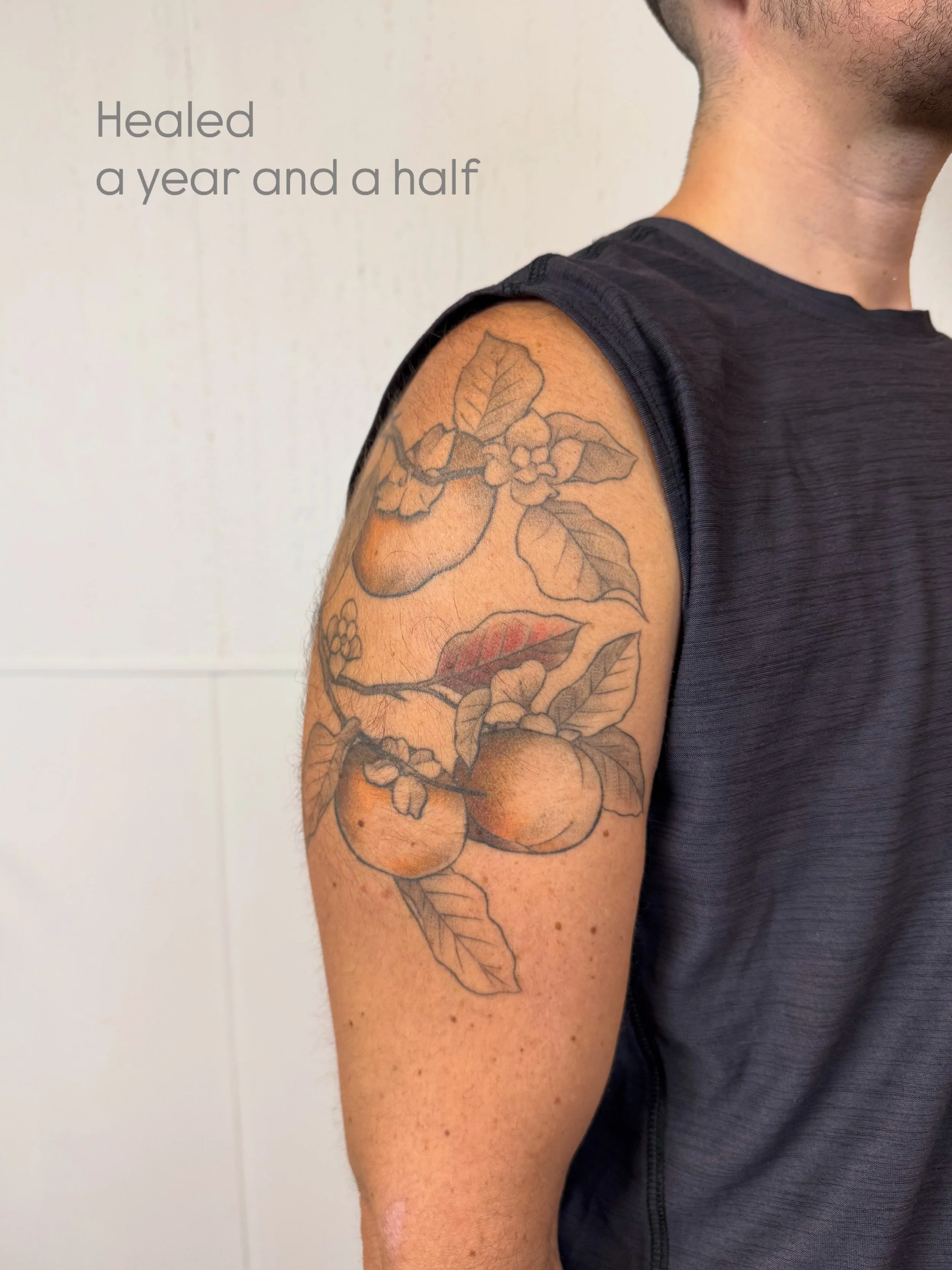 Healed a year and a half! For this tattoo I made the lines with a tight 3, and I did the shading and color with a regular 3 liner. It took two sessions. 

This feels relatively bold for me, but in the world of tattoos it is a fine line piece. I like 