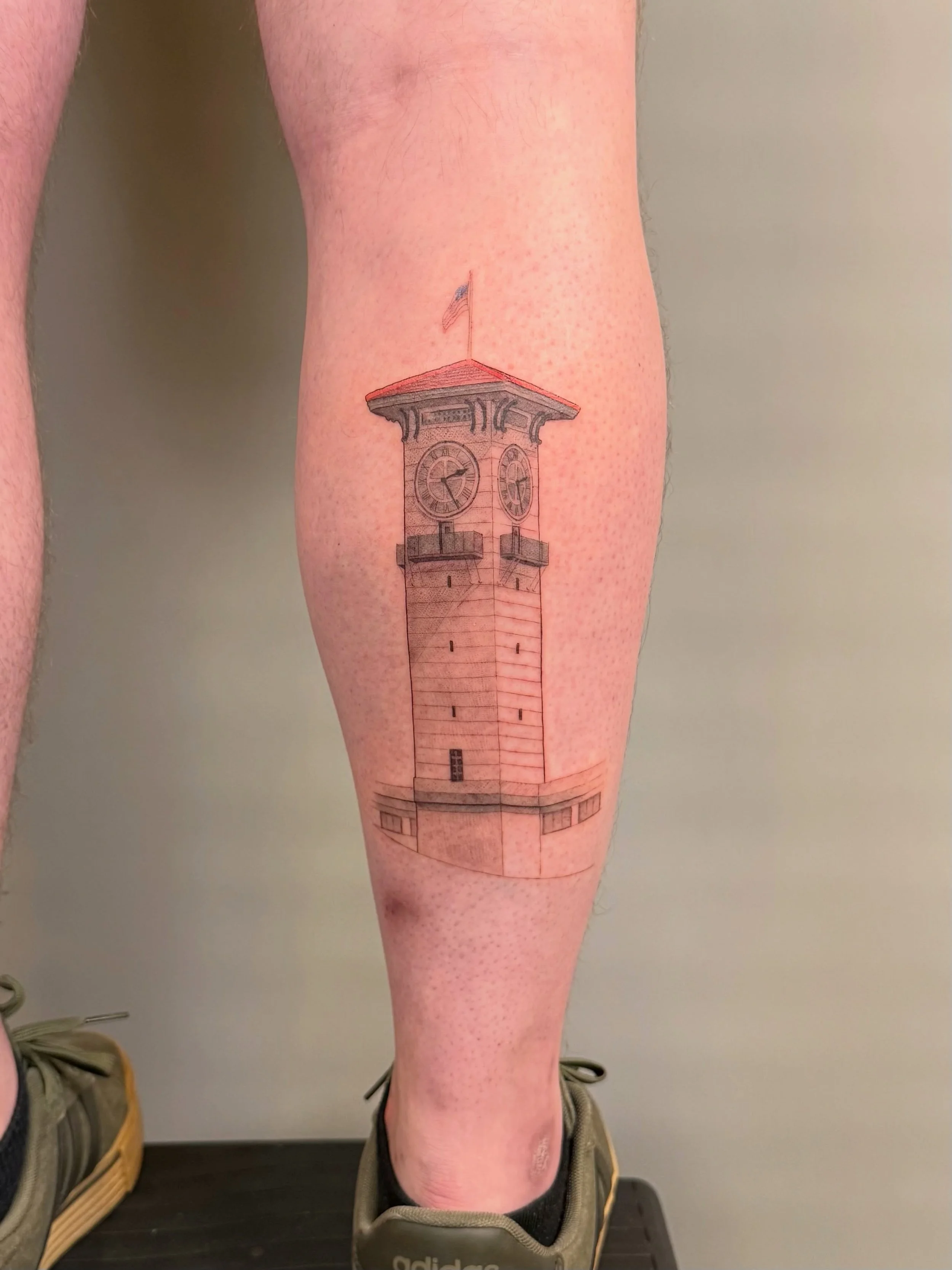 The Grundy Clock Tower in Bristol, PA. 
Thank you, Sean! 

I like tattooing houses, barns, and buildings! Send me your tattoo idea by filling out an appointment request form on my website between November 1-3. 

#nofilter #finelinetattoophiladelphia 