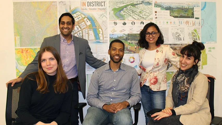 From left, Shannon Iacion (master’s degree student in Building Performance and Diagnostics), Varun Patel (master’s degree student at Tepper School of Business), Ernest Bellamy (team leader and student in the Master of Urban Design program), Shruti Srikar (master’s degree student in Architecture / Engineering / Construction Management (AECM), and Lola Ben Alon (doctoral student in AECM), will represent CMU in a national design competition in April. Photo credit: Samantha Weaver