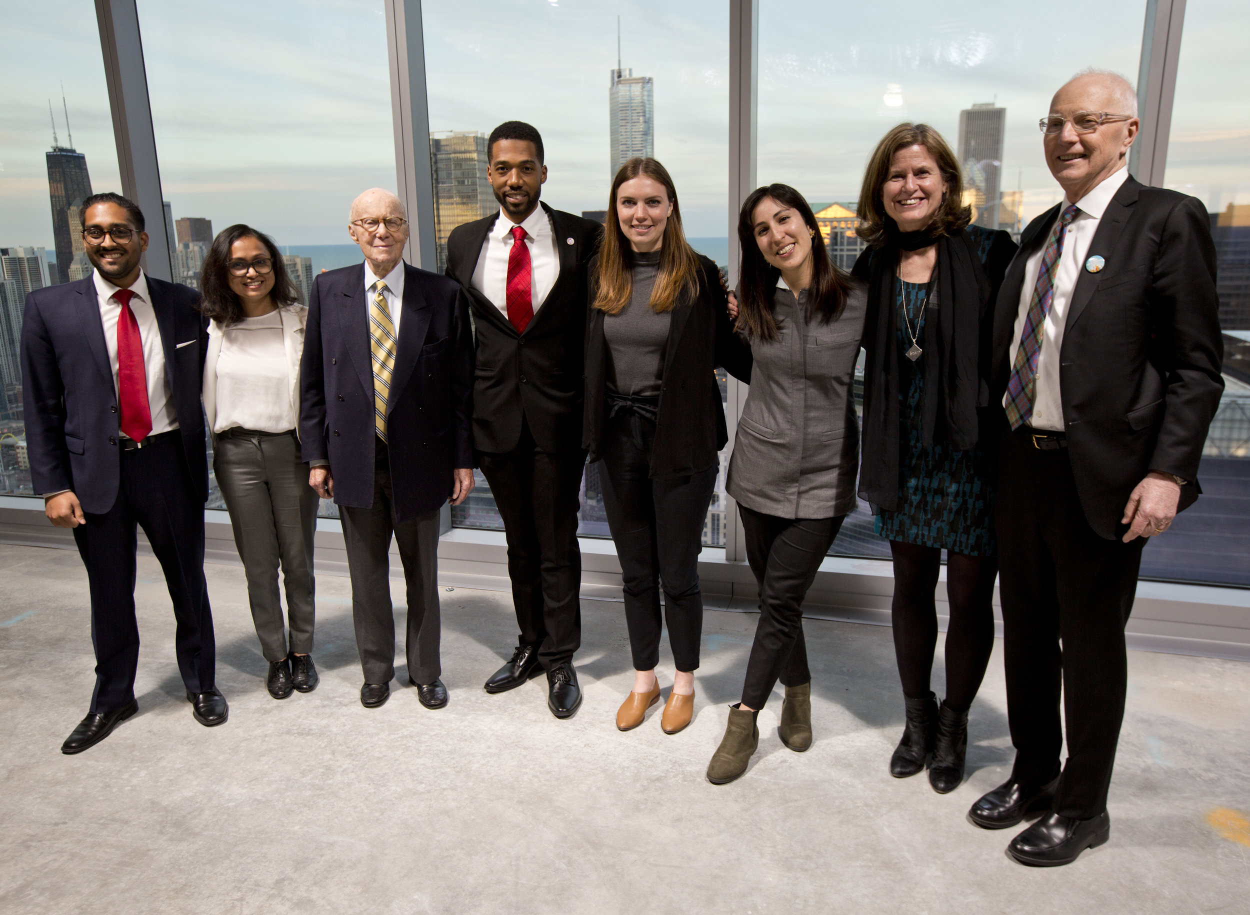 Pictured from left to right: Varun Patel, Shruti Srikar, Gerald Hines (competition sponsor and funder), Ernest Bellamy, Shannon Iacino, Lola Ben-Alon, Theresa Frankiewicz (Jury Chair), Don Carter. Photo credit: ULI/Nathan Weber