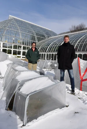 Michael Bechtel (left), edibles coordinator at Phipps and Joshua Bard, assistant professor at CMU’s School of Architecture worked together with students from CMU to create these unique cold frames.