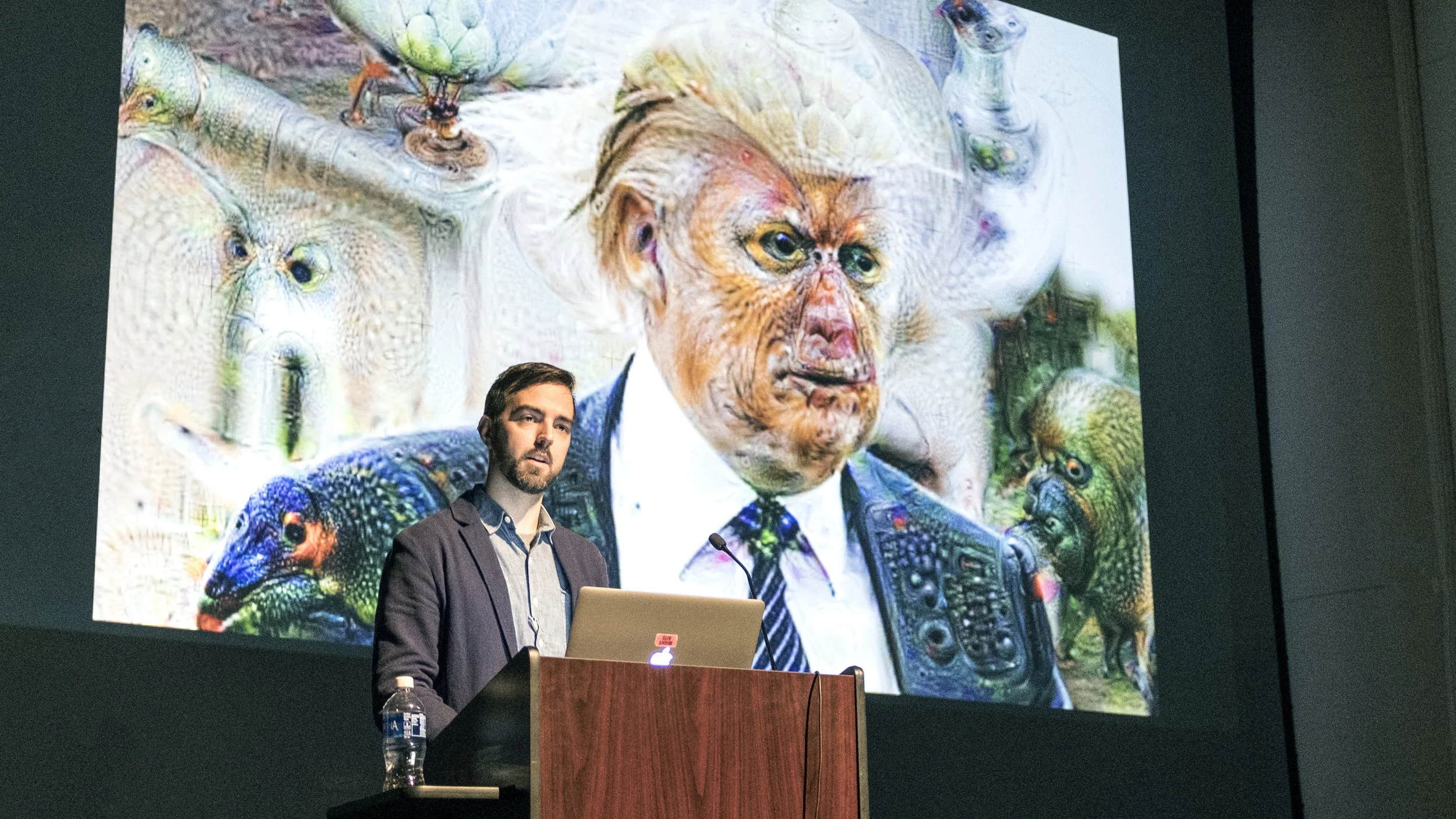 Mark Stanley, Adjunct Assistant Professor at the University of Tennessee, Knoxville, discussed his work at StudioMARS with students, faculty, and guests at Kresge Theatre on Monday, 26 February 2018. Photo by Christina Brown.
