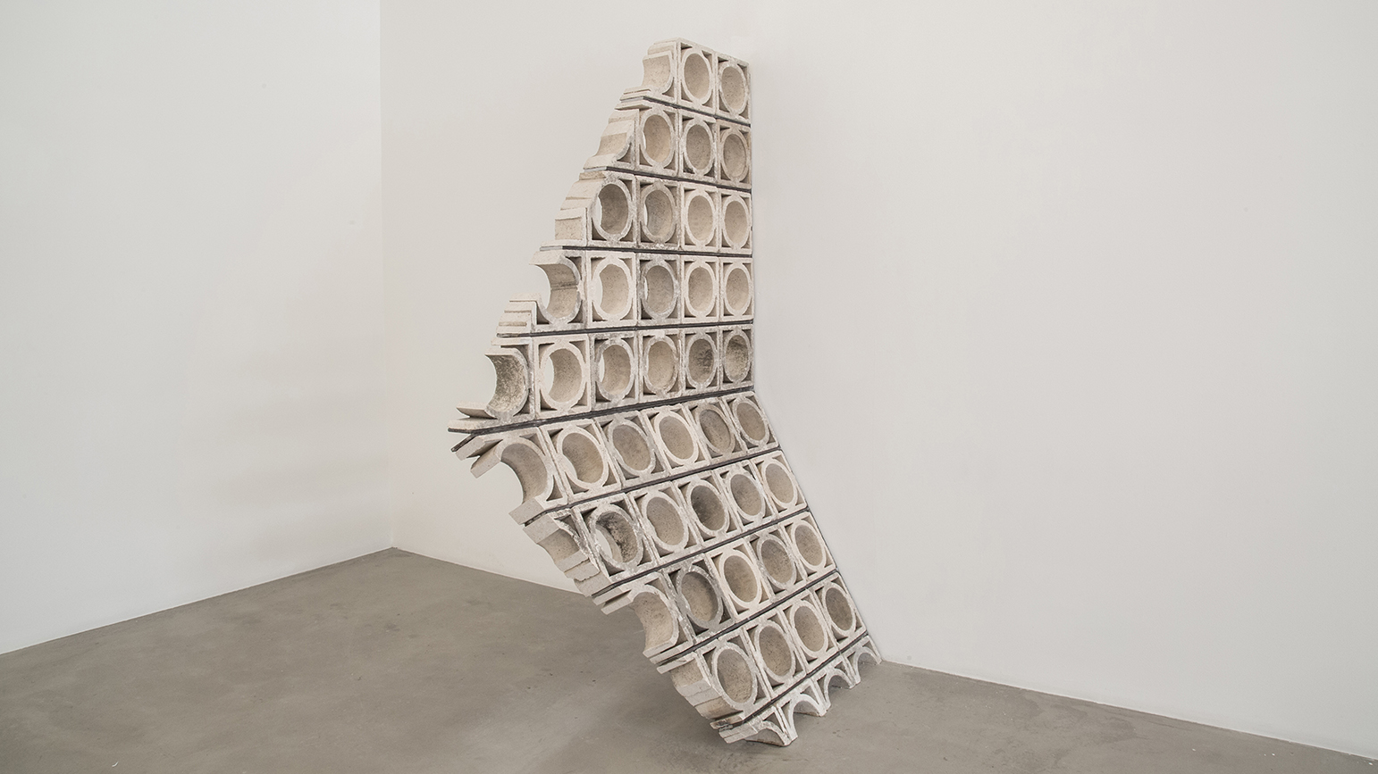 Image: Saba Innab, Then We Realized, Time is Stone , from Al Rahhalah , 2016. Claustra concrete blocks, 150cm x 250cm. Courtesy of the Artist and Marfa’ Gallery, Beirut.