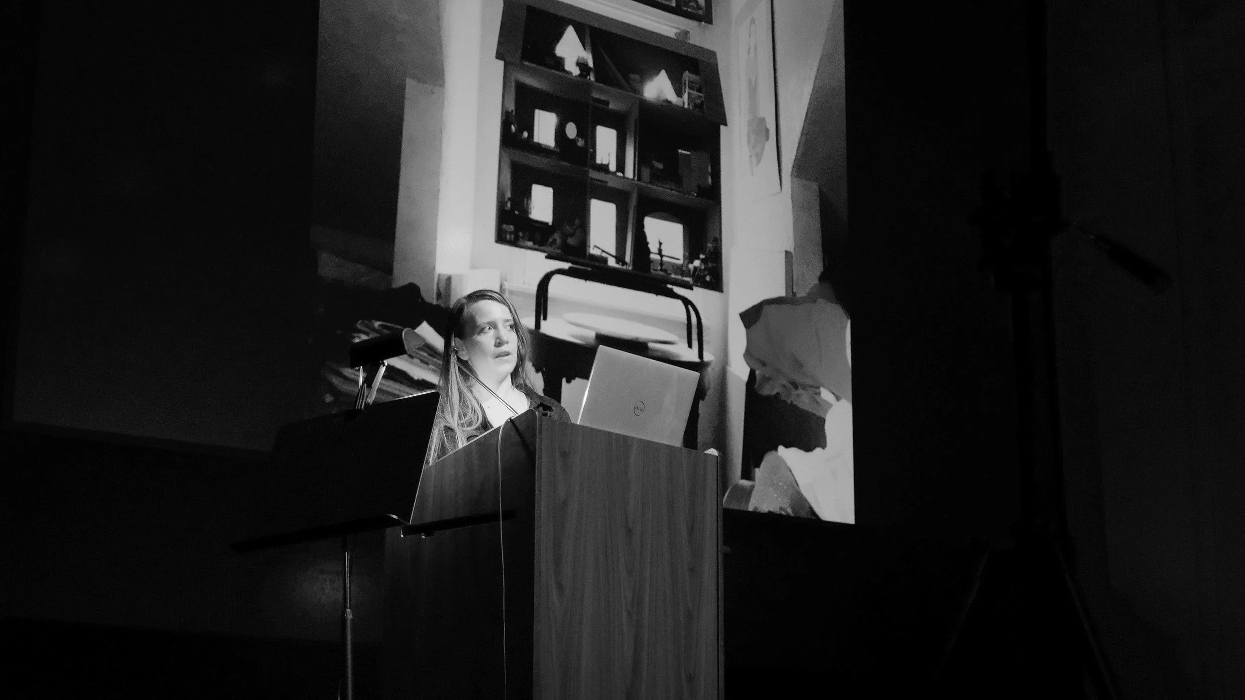 Heather Bizon, 2018-19 Ann Kalla visiting professor at the CMU School of Architecture, shared her work during her lecture at Kresge Theatre on Monday, 12 November 2018. Photo by Christina Brown.