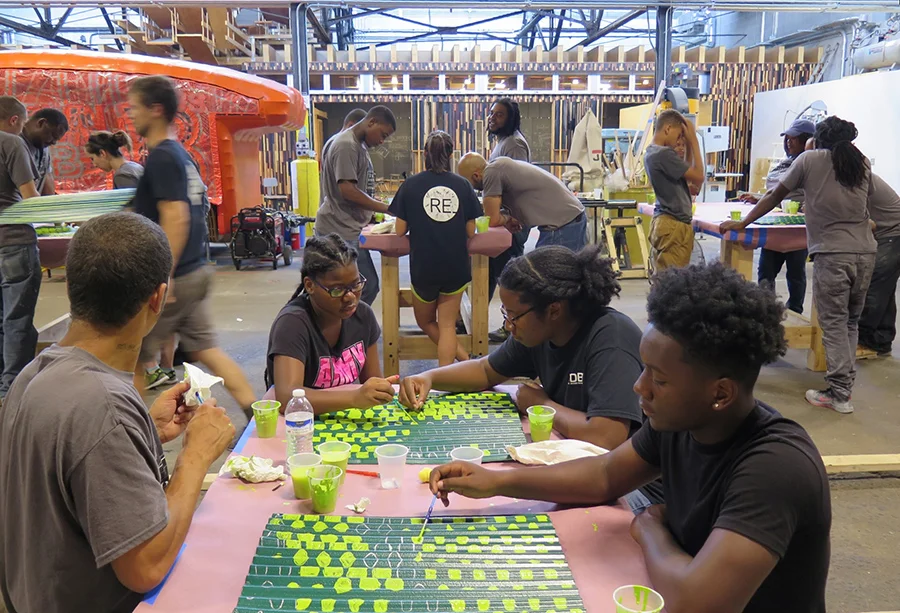 The Carnegie Mellon University School of Architecture’s Urban Design Build Studio (UDBS) was one organization highlighted at the 107th ACSA Annual Meeting’s interactive workshop on housing. Seen here are UDBS students working with partners at PROJECT RE_, a collaborative practice led by UDBS professor John Folan. The practice focuses on job skill training and material reuse in the city’s Homewood neighborhood. Courtesy John Folan