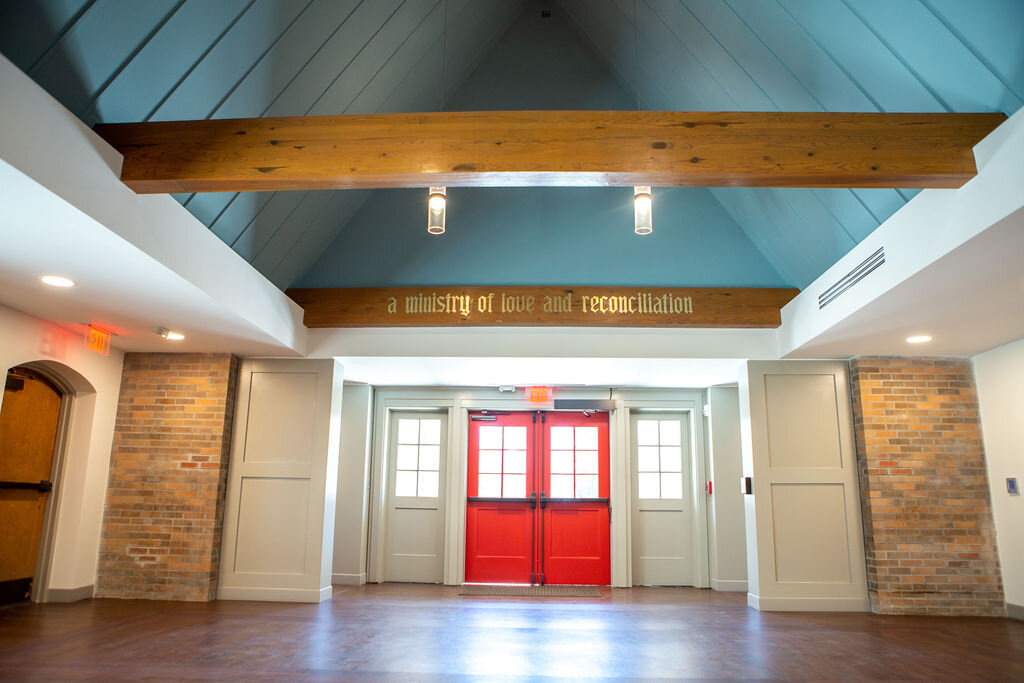   Parish Commons looking at red entry doors  