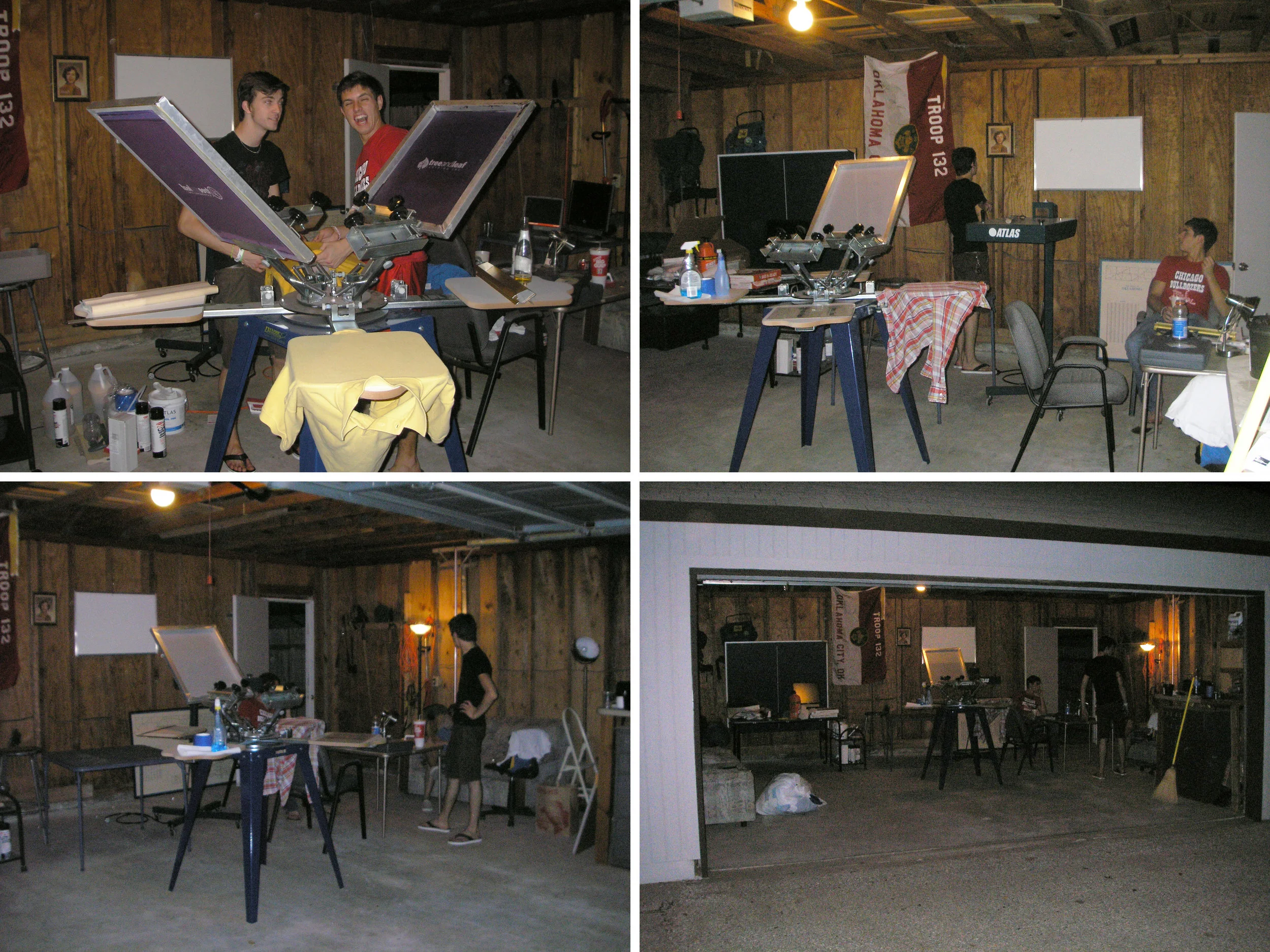 These are the earliest photos of Tree & Leaf taken in September of 2006. This is our first 'printshop' in Rob Bennett's detached garage. Rob let us crash on his couch, use his bathroom, wash out our screens, and drink his beer. He never asked for anything in return. Thank you, Rob. Pictured is Chase Kerby and Bryson Panas. Chase thought of the name Tree & Leaf, Bryson built our first website and helped with promotion and printing. Chase continued on to work with his true passion; music. Bryson left in 2009(?) to pursue a career in web/graphic design.