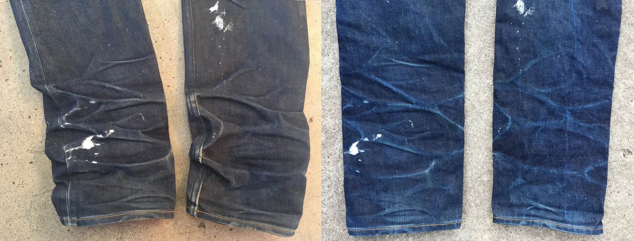I wear a pair of construction boots almost everyday. They hold up the bottom of the jeans and create some interesting creases. Every once and a while I accidentally brush agains a can of plastisol ink that's sitting on the floor in my shop.