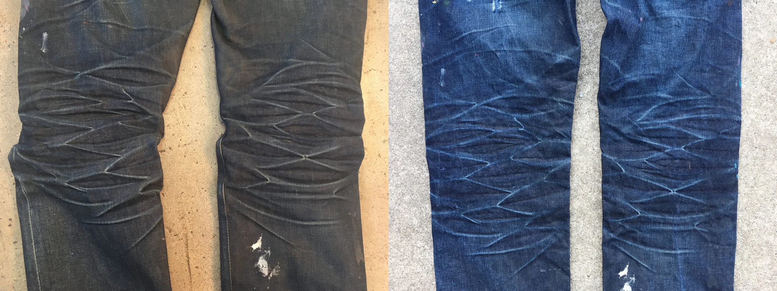 This is the back of the knee where a lot of scrunching and creasing happens. The indigo in the jeans is slowly worn off as they wear. After the first wash, all those lines get cleaned to a light blue, almost white.