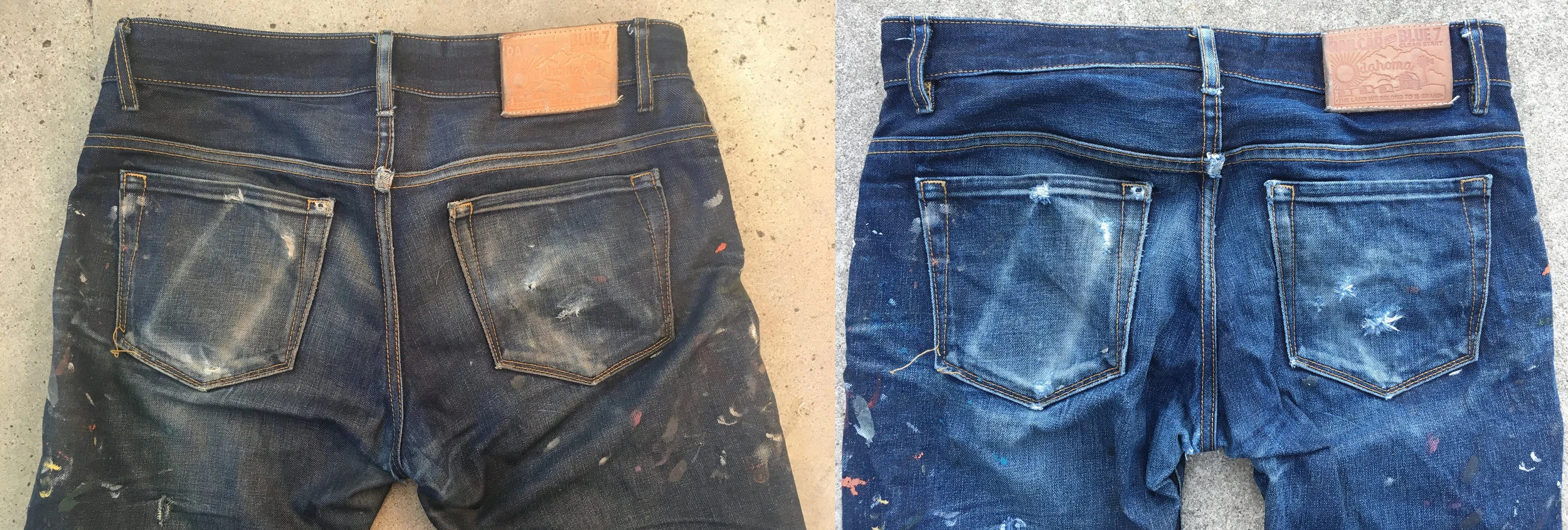 Things like wallets, keys, and cellphones, all leave wear marks on the jeans. For me, left pocket cell phone, right pocket wallet. The metal money clip on my wallet just barely wore all the way through.