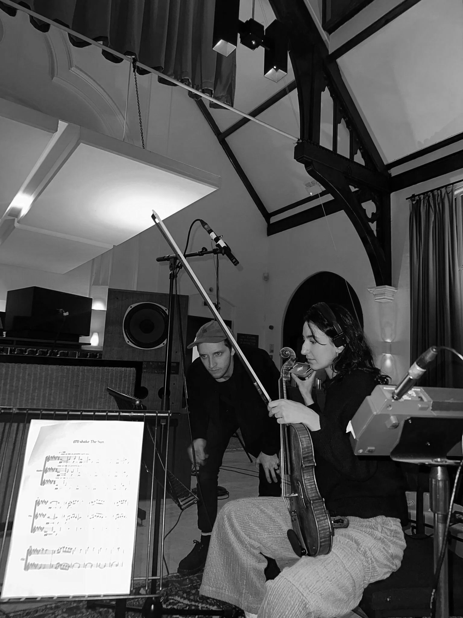 rtistic Director Sophie Yasmin of City String Ensemble in the studio with a music producer at The Church Studios, London.