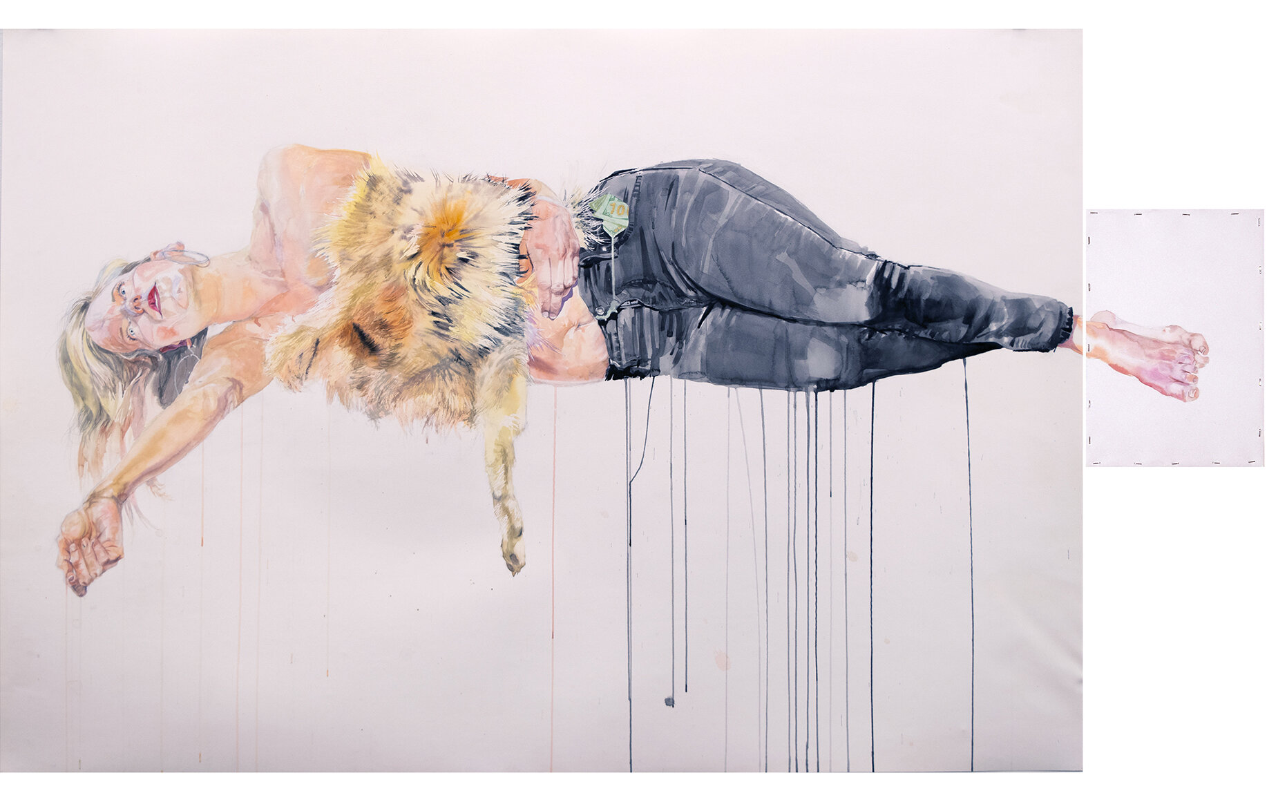Becca with coyote pelt and $100 bill, watercolor, gouache and imitation gold and silver leaf on paper, 74”x43”, 2017