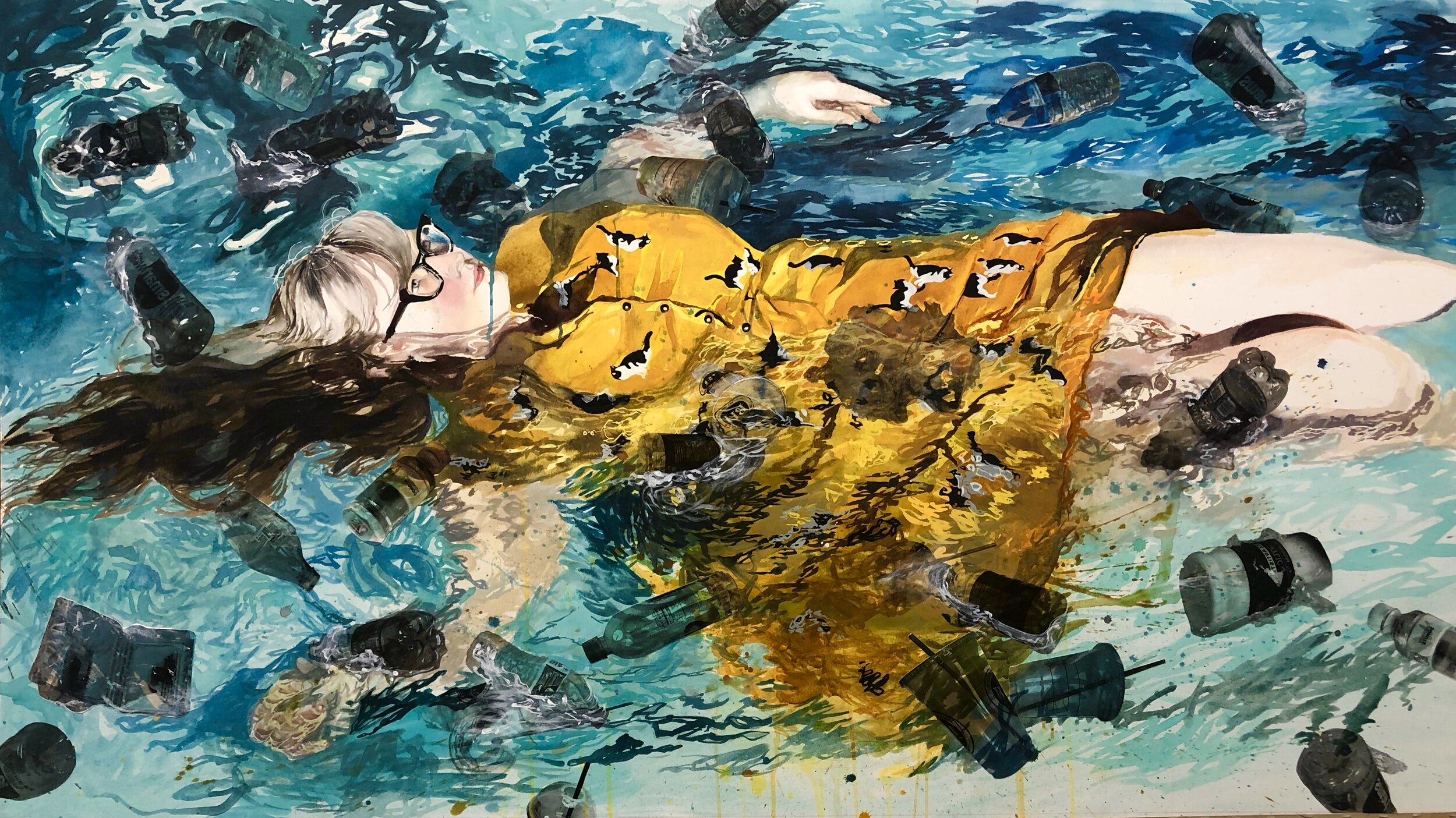 garbage-patch Ophelia, watercolor, xerox transfers, acrylic gel, 42.5"x72", 2019