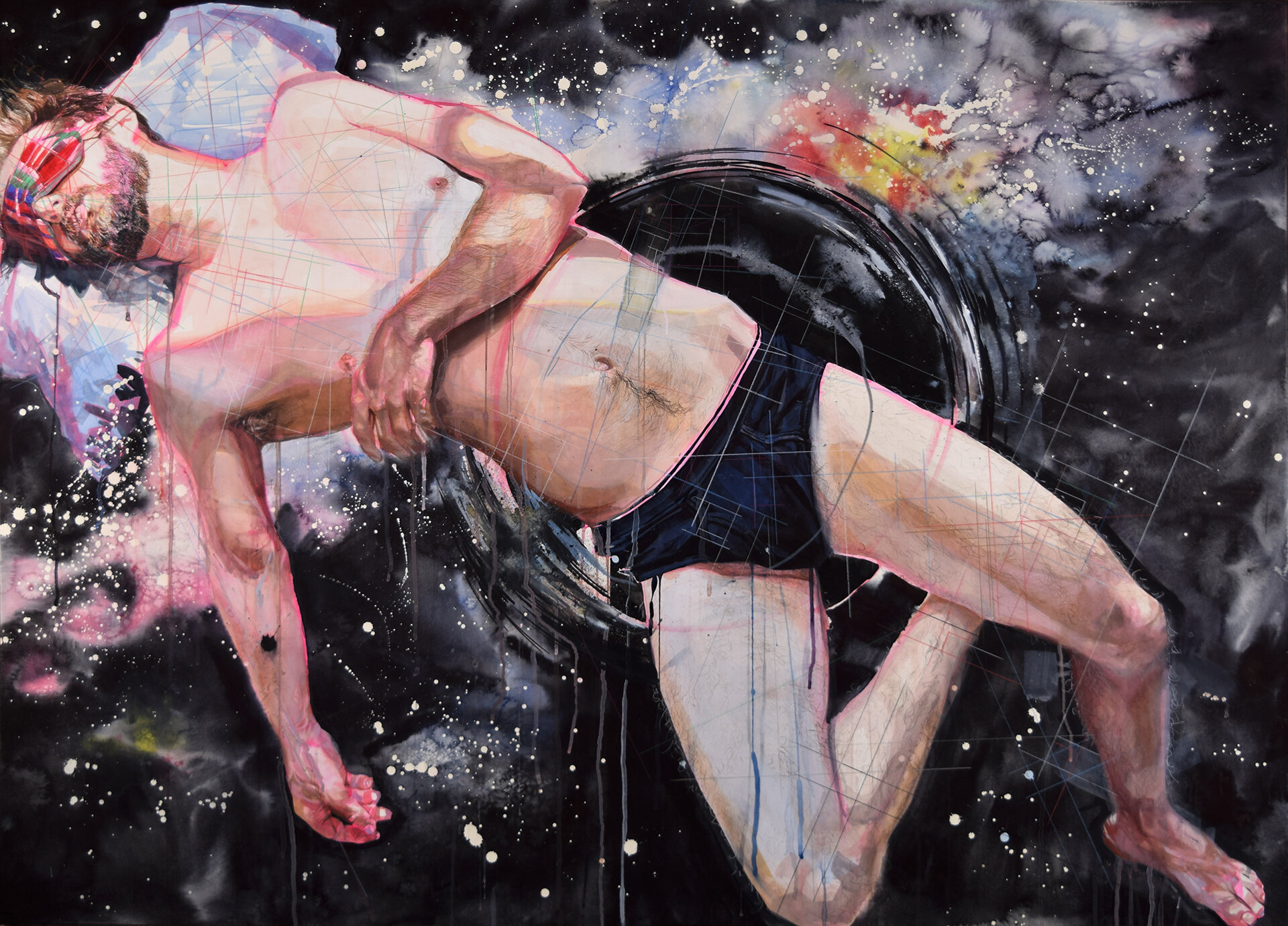 gravity's synonym, watercolor, gouache, colored pencil on paper, 43.5”x60”, 2017