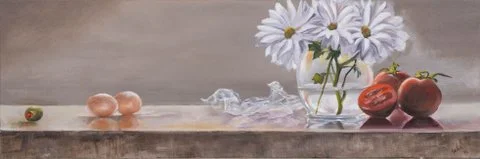 3 Tomatoes & 1 Olive - 12 x 36, oil on canvas - $400.00