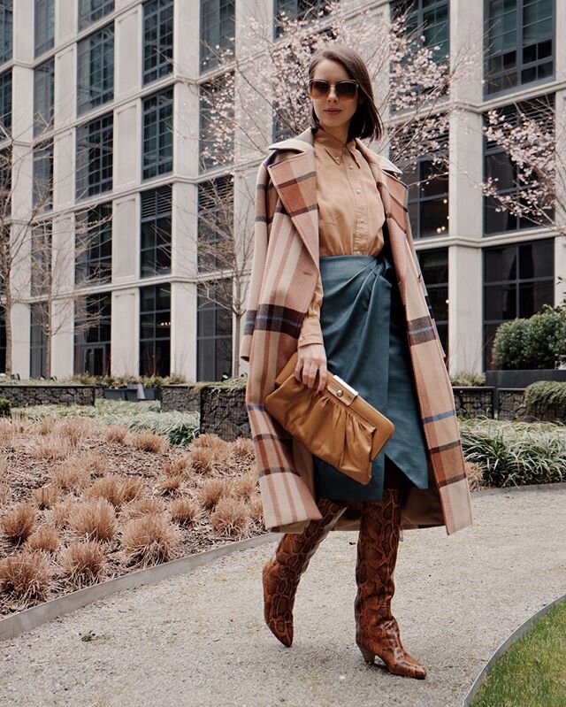 The Quarantine Fashion Series: The beige shirt and the cozy checkered coat with the leather pencil skirt and a handbag of the contrasting tones.