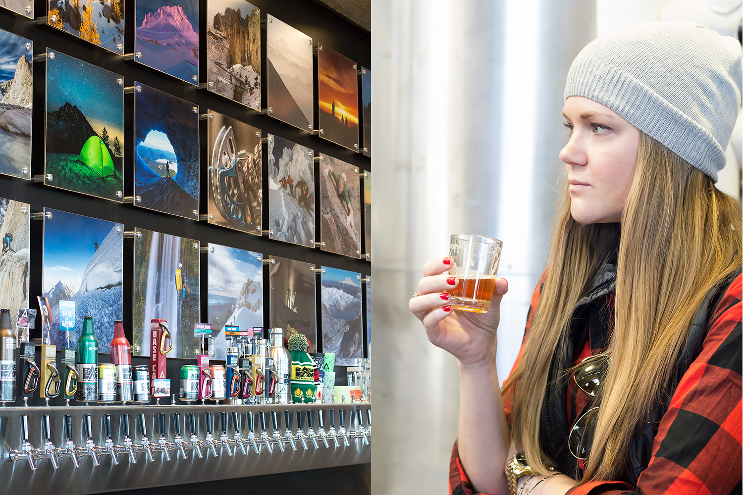 Basecamp interior (left); Tamra sipping a taster (right)