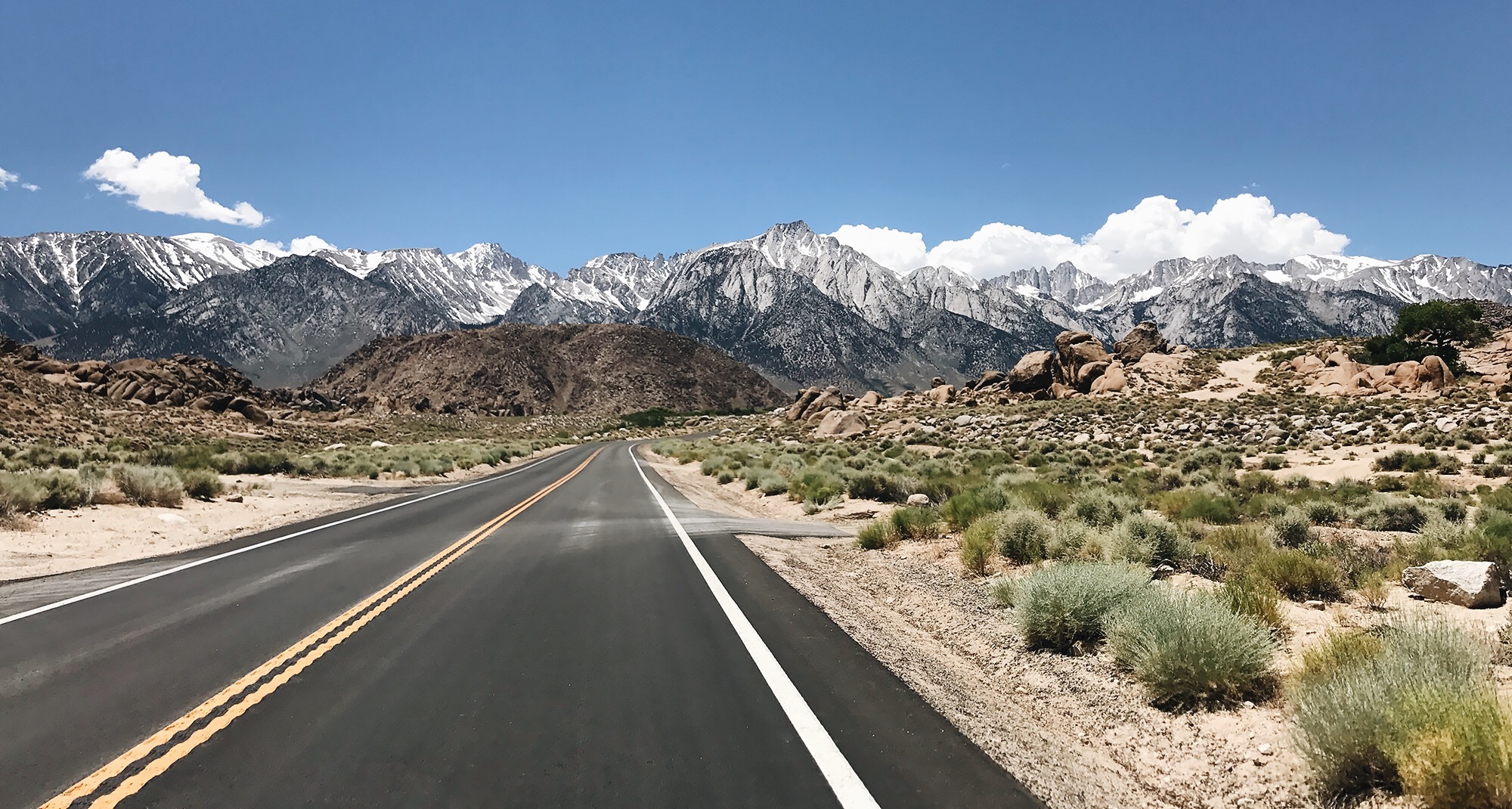 Drive into Alabama Hills, with the snow-capped Sierras in the backdrop