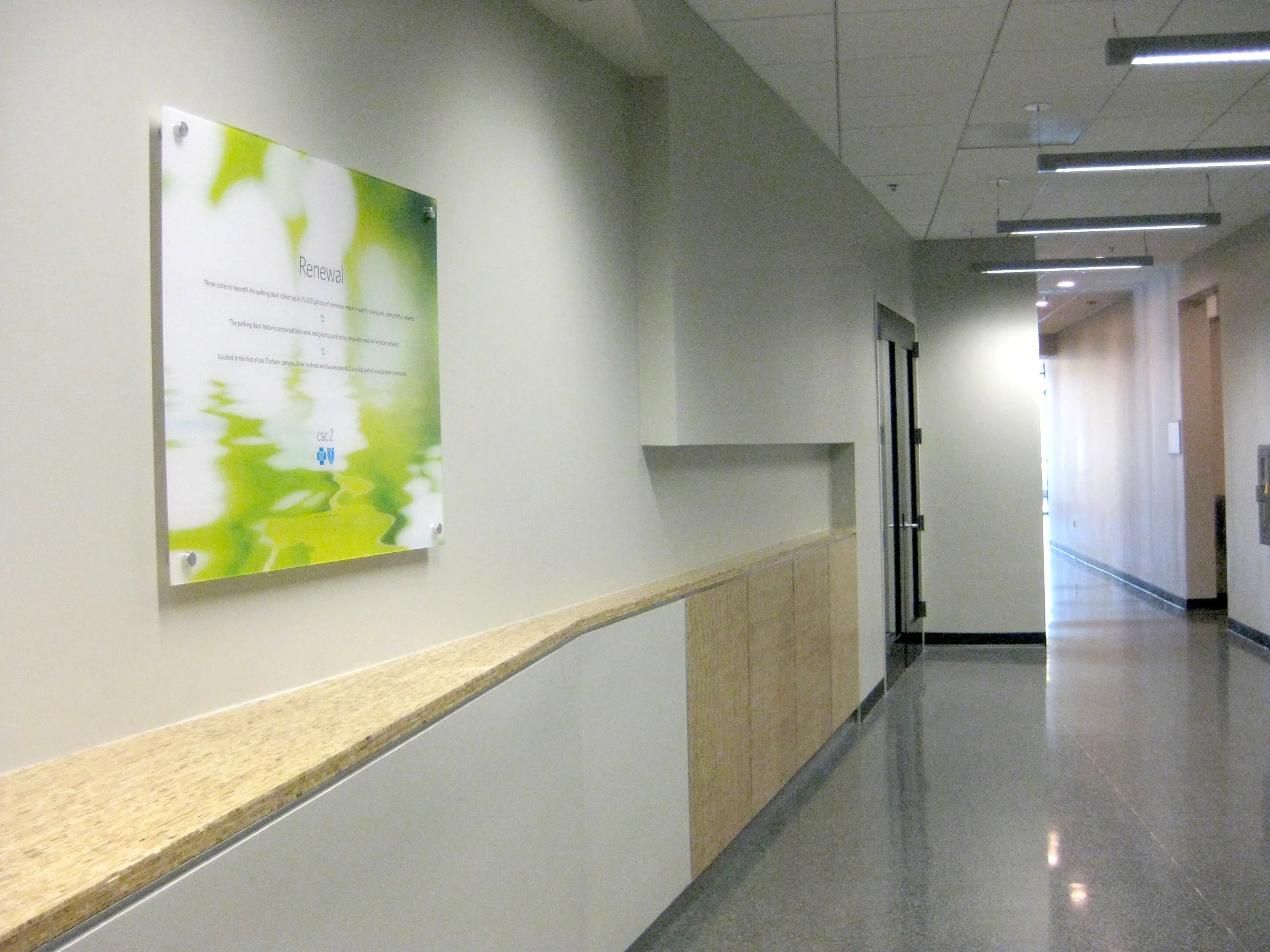 BCBSNC's Green Building: CSC2 (signage) - In 2009, Blue Cross and Blue Shield of North Carolina completed construction of our first ecologically friendly office building. Built with sustainable materials, the building uses 65% less energy and 50% less water than the typical office building. It also features humane design for a working environment with cleaner air, more natural light and judicious use of water. The posters are displayed throughout building.