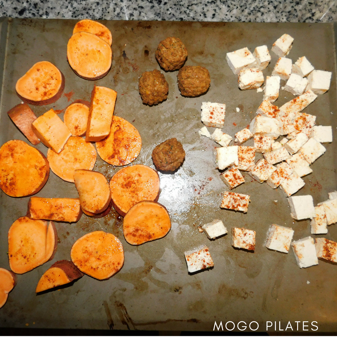 Roasted sweet potatoes and tofu make for a great Buddah Bowl base.