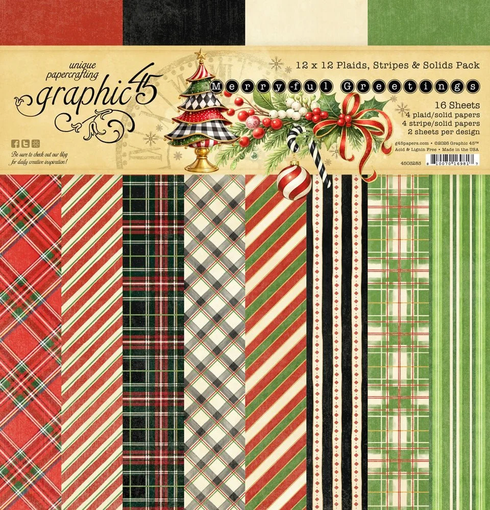 *Pre-Order* Graphic 45 Merry-ful Greetings 12x12 Plaids & Stripes Pack