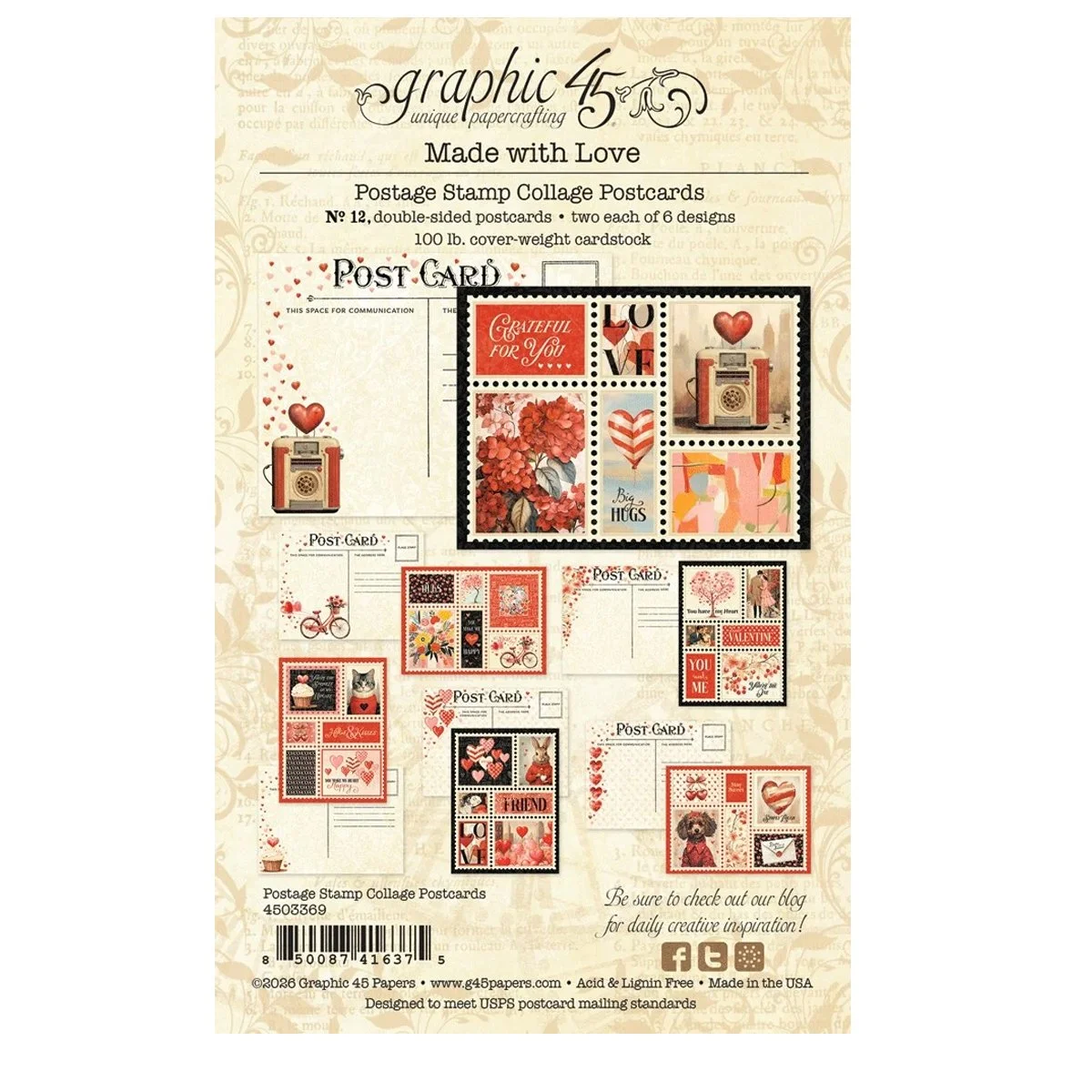*Pre-Order* Graphic 45 Made With Love Postage Stamp Collage Postcards