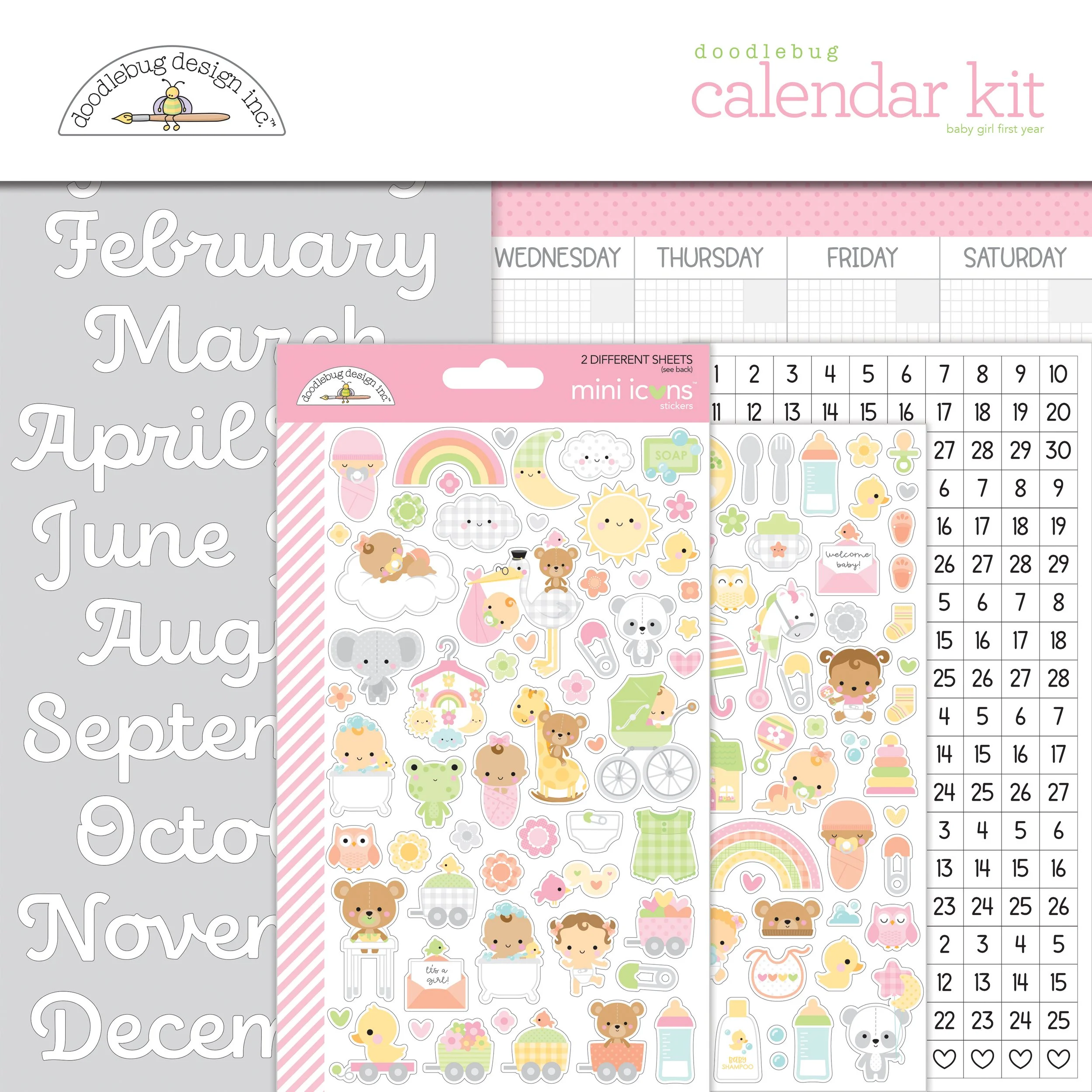 Doodlebug Day To Day 12" x 12" First Year Calendar Kit Baby Girl