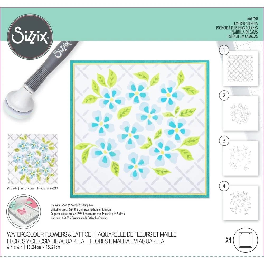 Sizzix Eileen Hull Layered Stencil 4PK Watercolour Flowers & Lattice