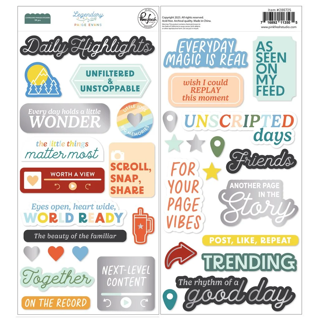 Pinkfresh Studio Paige Evans Legendary Chipboard Phrase Stickers
