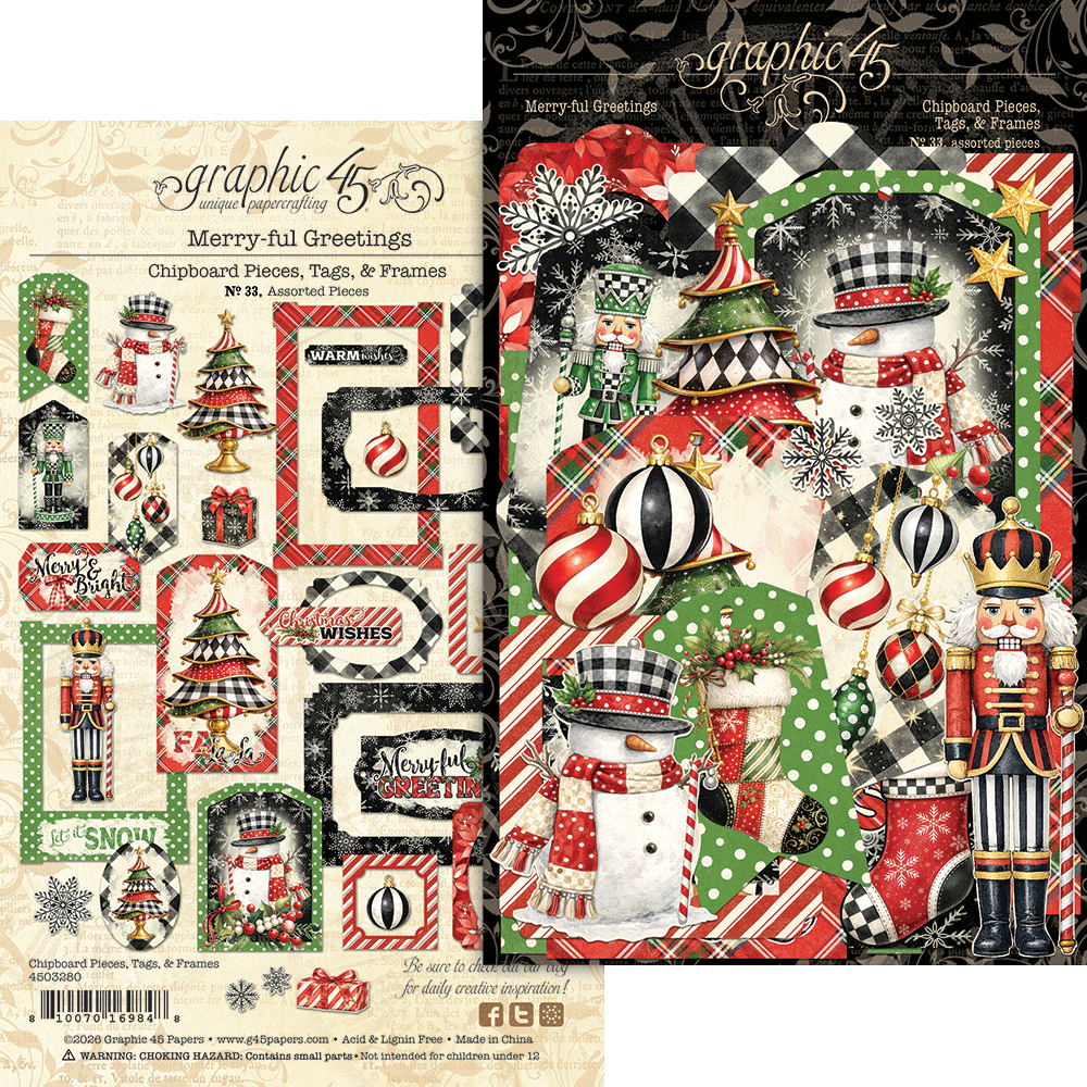 *Pre-Order* Graphic 45 Merry-ful Greetings Chipboard Pieces, Tags & Frames