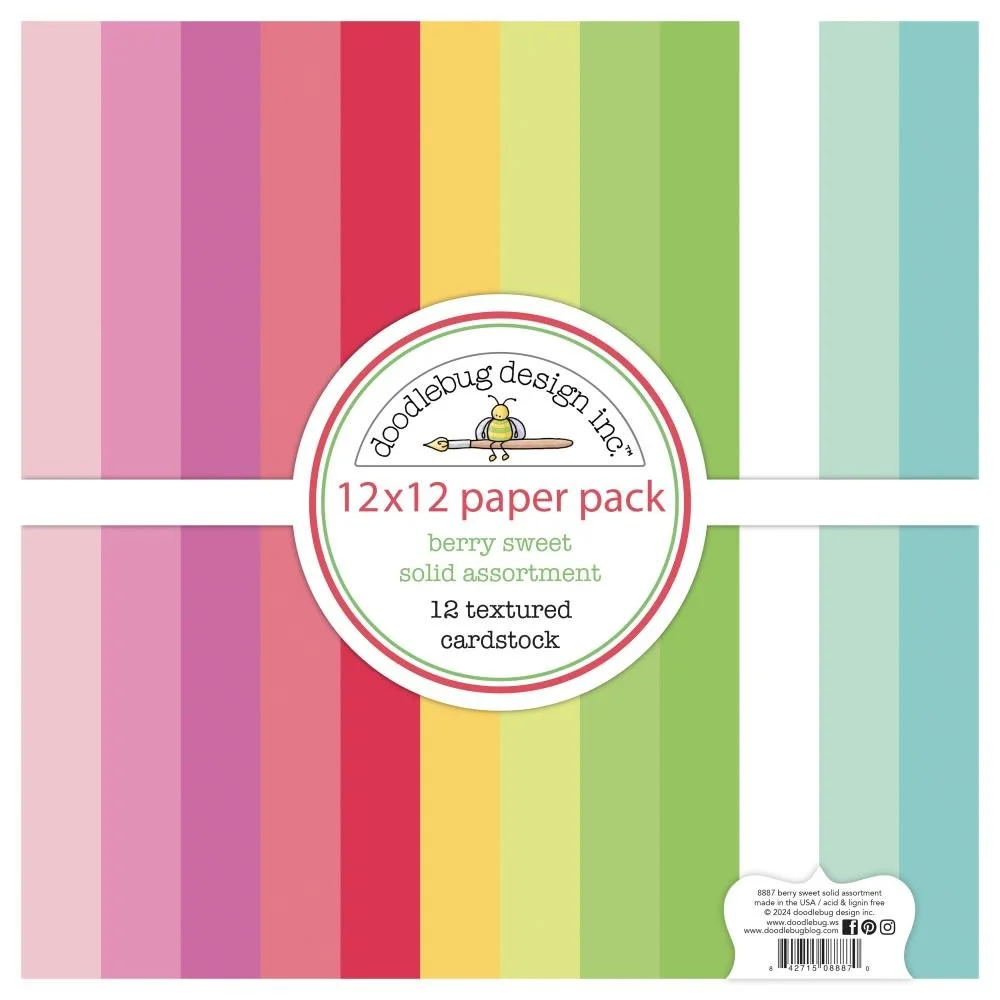 Doodlebug Berry Sweet 12" x 12" Textured Cardstock Paper Pack