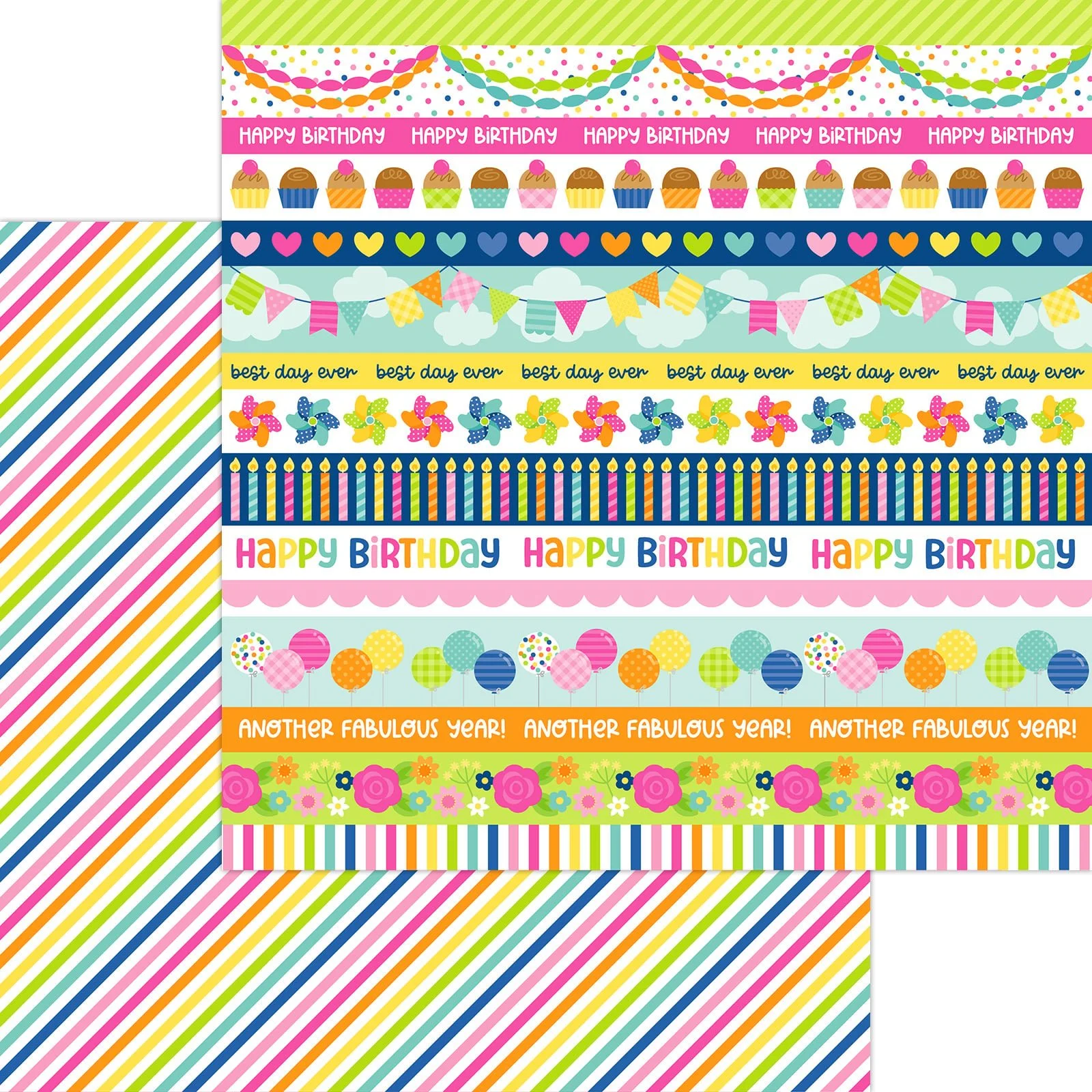 *Pre-Order* Doodlebug Cupcakes & Candles 12" x 12" Paper Stripes Of Streamers
