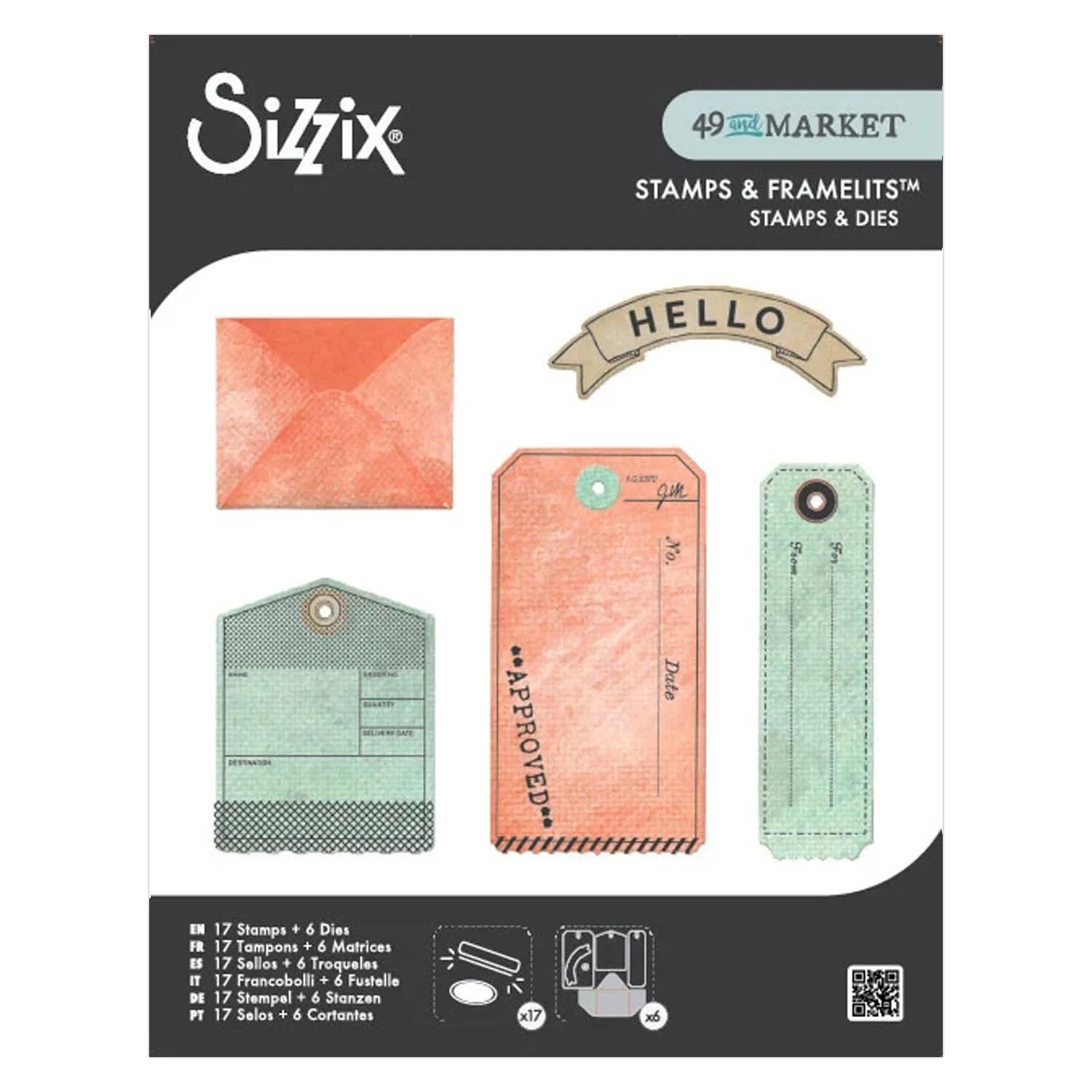 Sizzix 49 & Market Collection Thinlits Dies Framelits Dies with Clear Stamps Tag It