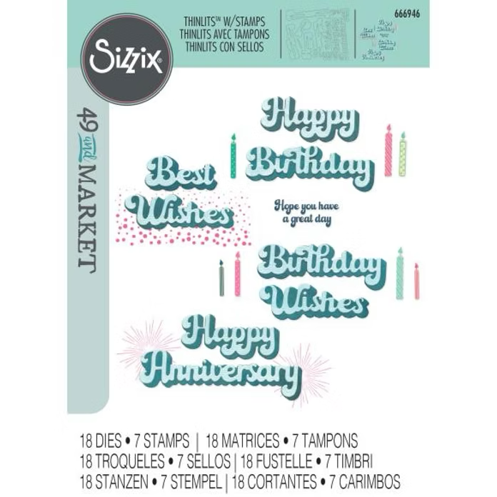 Sizzix 49 & Market Collection Thinlits Dies & Stamp Birthday Wishes