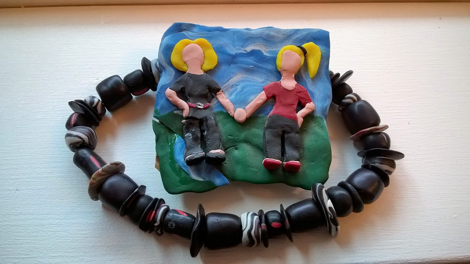 Figure 9 : Age 18. Fimo necklace, and what my mom and I would’ve looked like as Claymation.