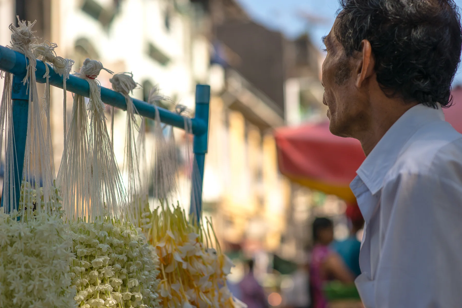 Flowers for sale for the offering to Buddha. Yangon, Myanmar