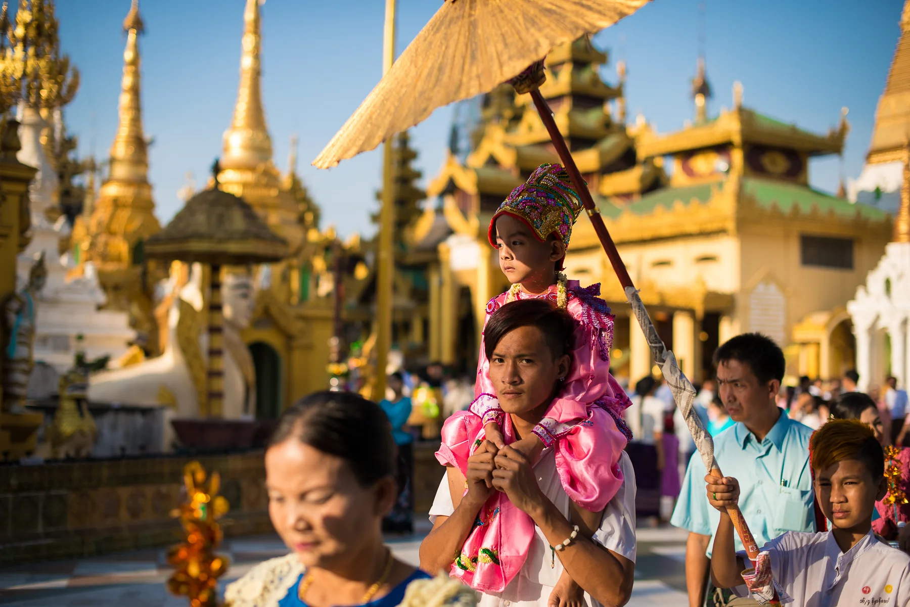 Ceremonial march at Shwedagon Pagoda. Yangon, Myanmar