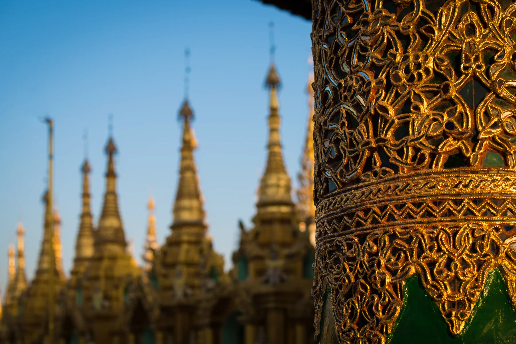 Glass mosaic and stupas at Shwedagon Pagoda.  Yangon, Myanmar