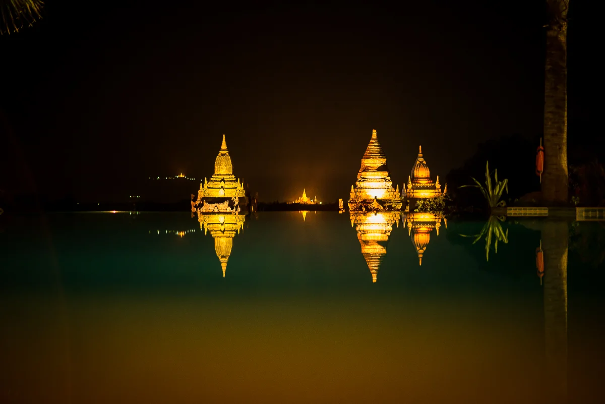 My view at dinner tonight. Temples reflected in the swimming pool. Aureum Palace Hotel. Bagan, Myanmar