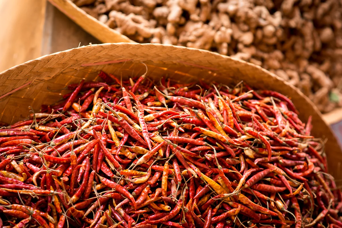 Dried chili peppers for sale. Inle Lake, Myanmar