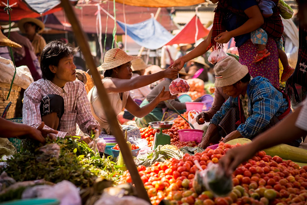 Tomatoes and other vegetables for sale. Inle Lake, Myanmar