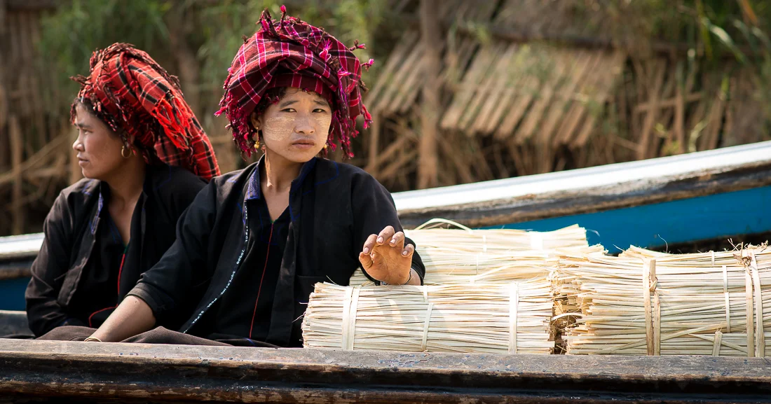Pai Ou (??? not sure of the spelling here) women transporting lashings to tie bamboo. Inle Lake, Myanmar
