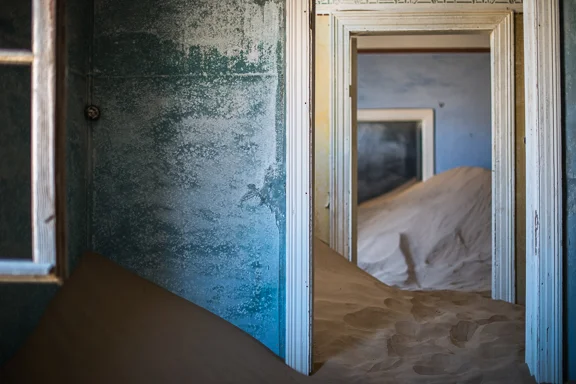 The desert has taken over most of the houses and buildings at the old diamond mining town of Kolmonskop.