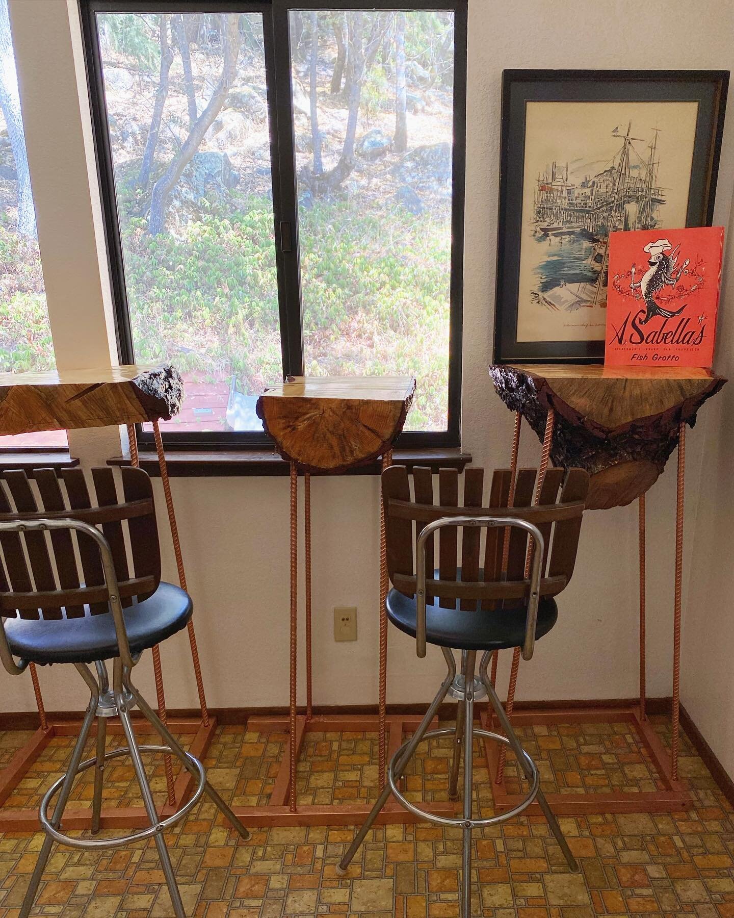 This week in Husband&rsquo;s Household Creations: tree stump bar tables as a little coffee nook in the laundry room.