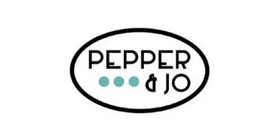 Pepper & Jo logo with black oval outline, black text, and three small teal dots