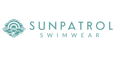 Sunpatrol Swimwear logo with a stylized sun setting over water