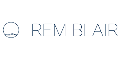 Rem Blair logo with a stylized wave design to the left of the text