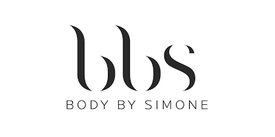 Logo with stylized letters 'bbb' and the text 'BODY BY SIMONE' underneath, on a black background.