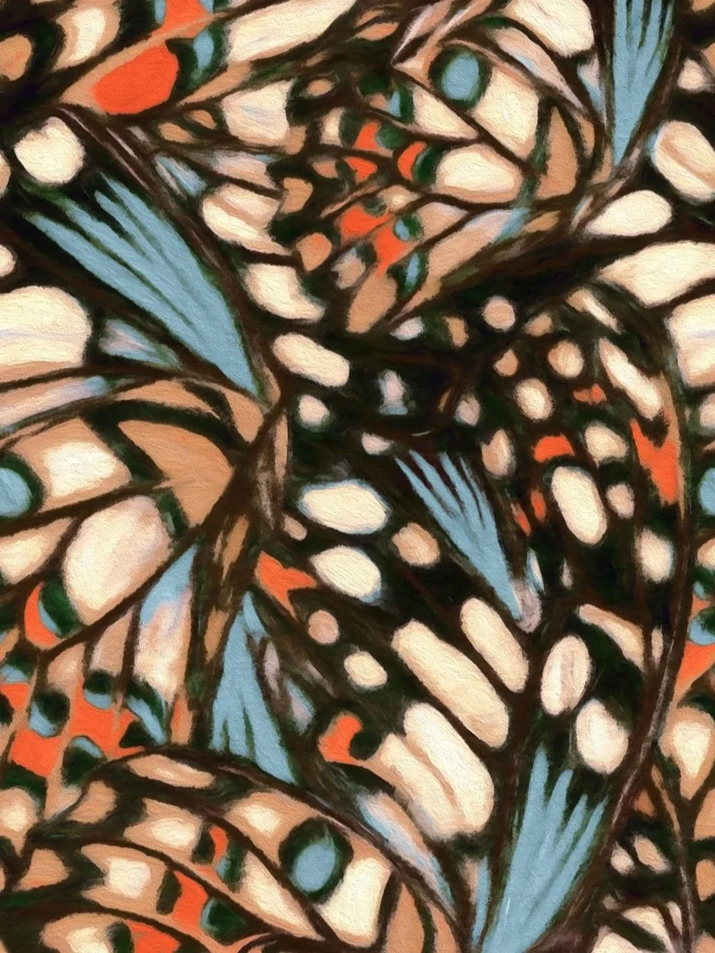 Abstract colorful artwork with patterns resembling butterfly wings, featuring black lines, orange, blue, beige, and green colors.